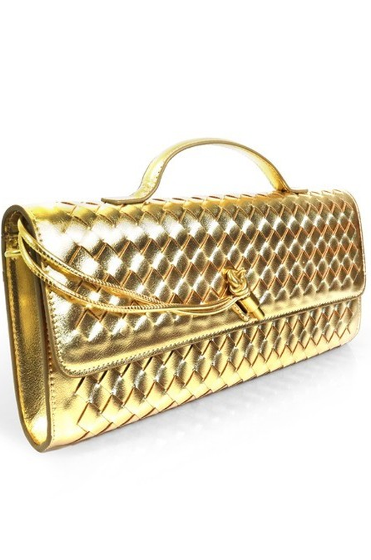 Quilted Metallic Flap Clutch with Top Handle & Knot Accent