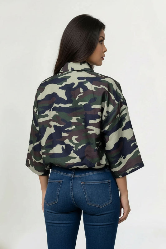 Iconic Camo Half Sleeve Button Down Top