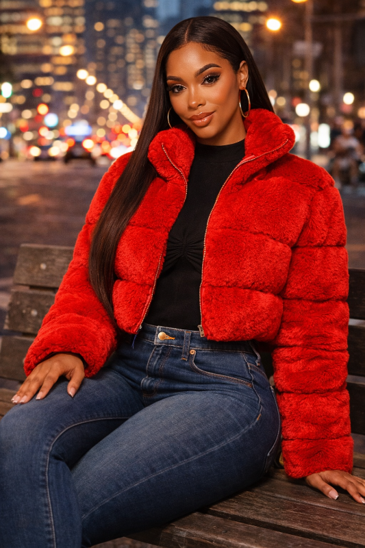 Indulge in luxury with our L/S Fur Jacket featuring a high collar to keep you warm and stylish. 