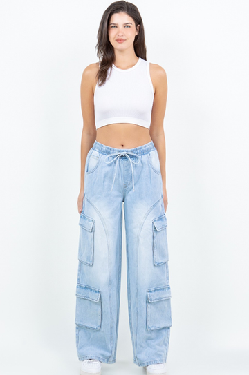 Drawstring-Waist Wide-Leg Cargo Denim Pants