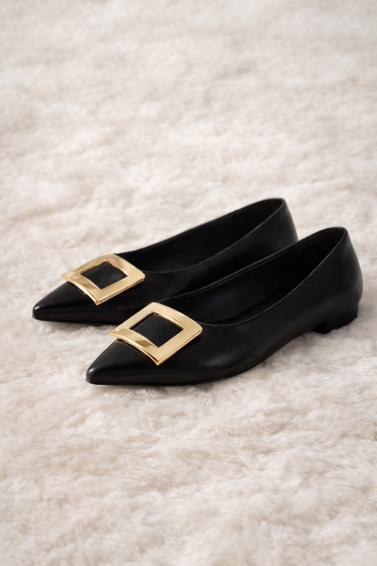 Step into confidence with our Golden Buckle Flat—where bold style meets everyday wearability.