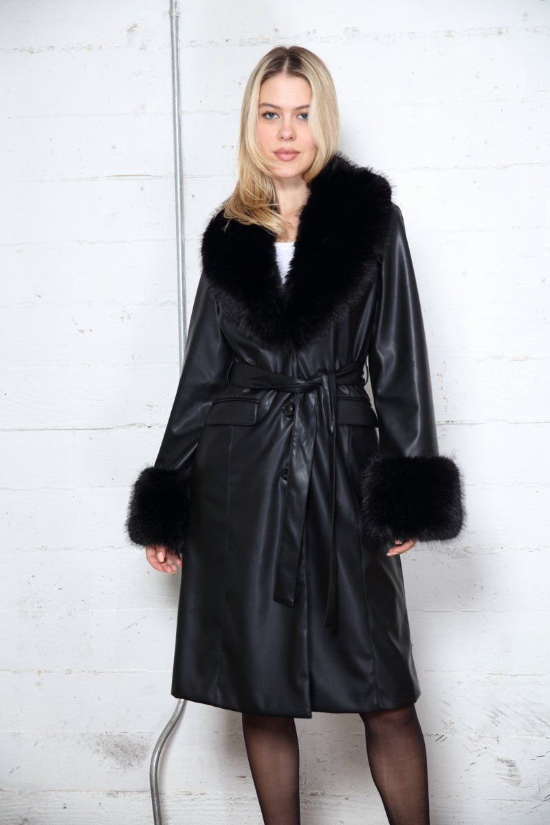 Soft Vegan Leather Coat with Rabbit Fur