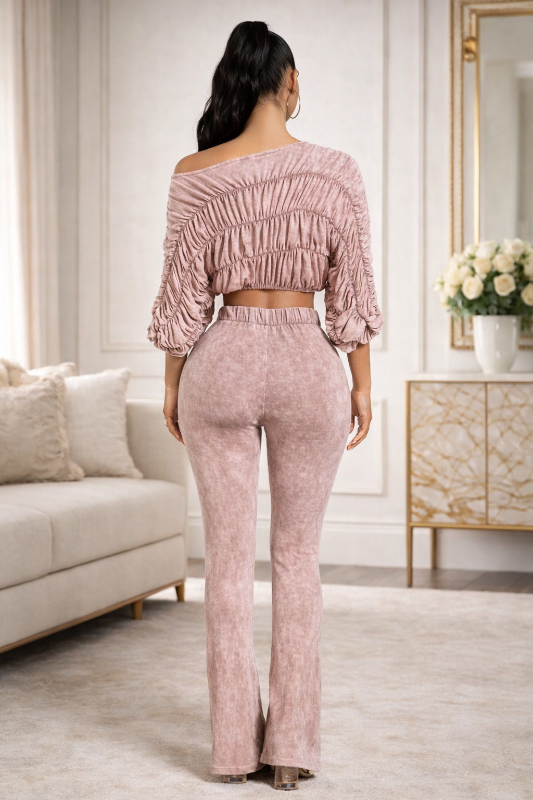 Mineral Wash Ultra Ruched Cropped Blouse & Elastic Waist Lounge Pant