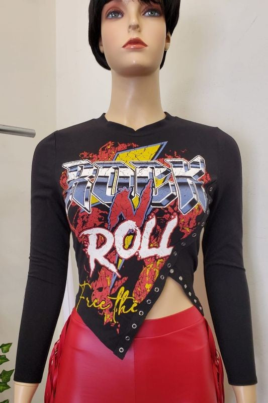 Long Sleeve Assymetrical Graphic Top With Snap