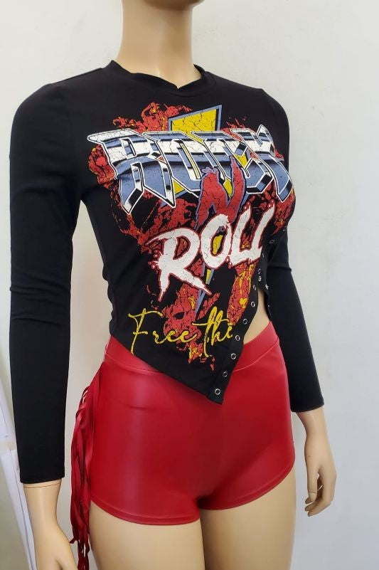 Long Sleeve Assymetrical Graphic Top With Snap