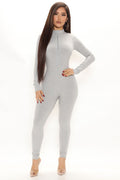 Zipper Mock Neck Long Sleeve Ribbed Jumpsuit PRETTY KNIT